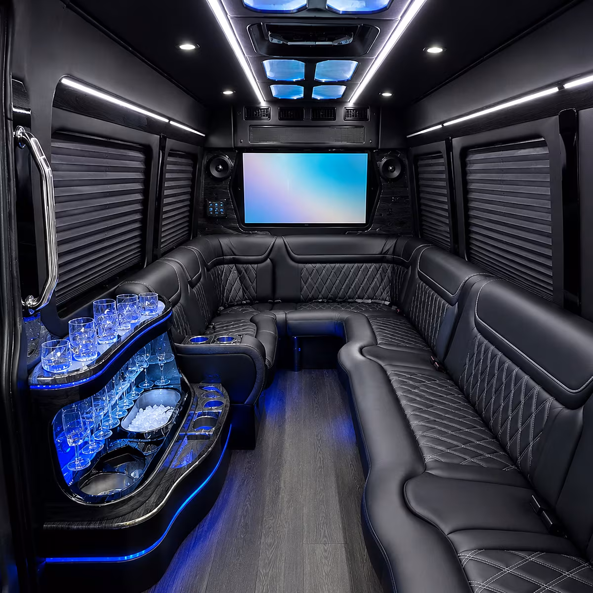 Group beside a Mercedes Sprinter limo in Raleigh