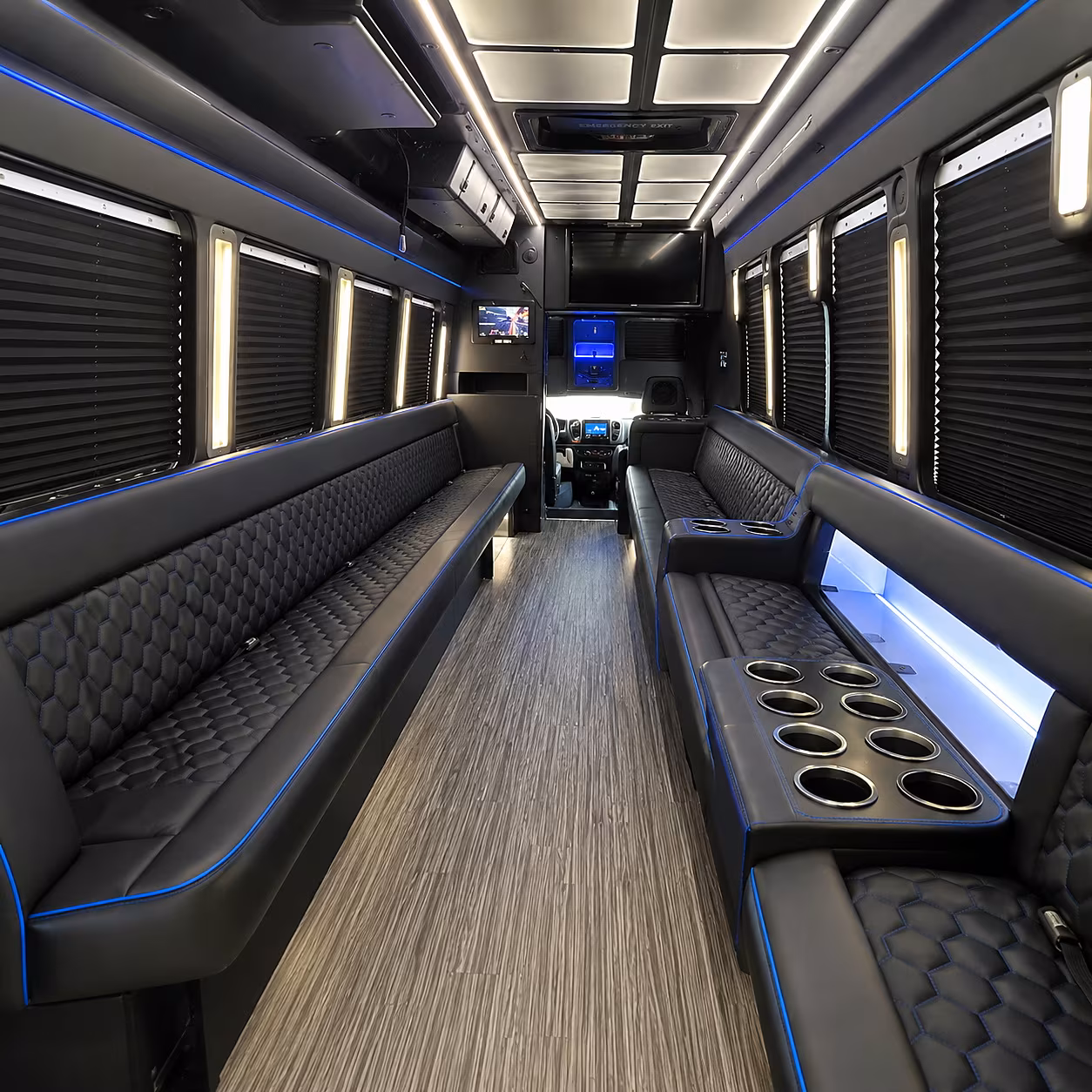 Interior of a party bus rental serving Raleigh